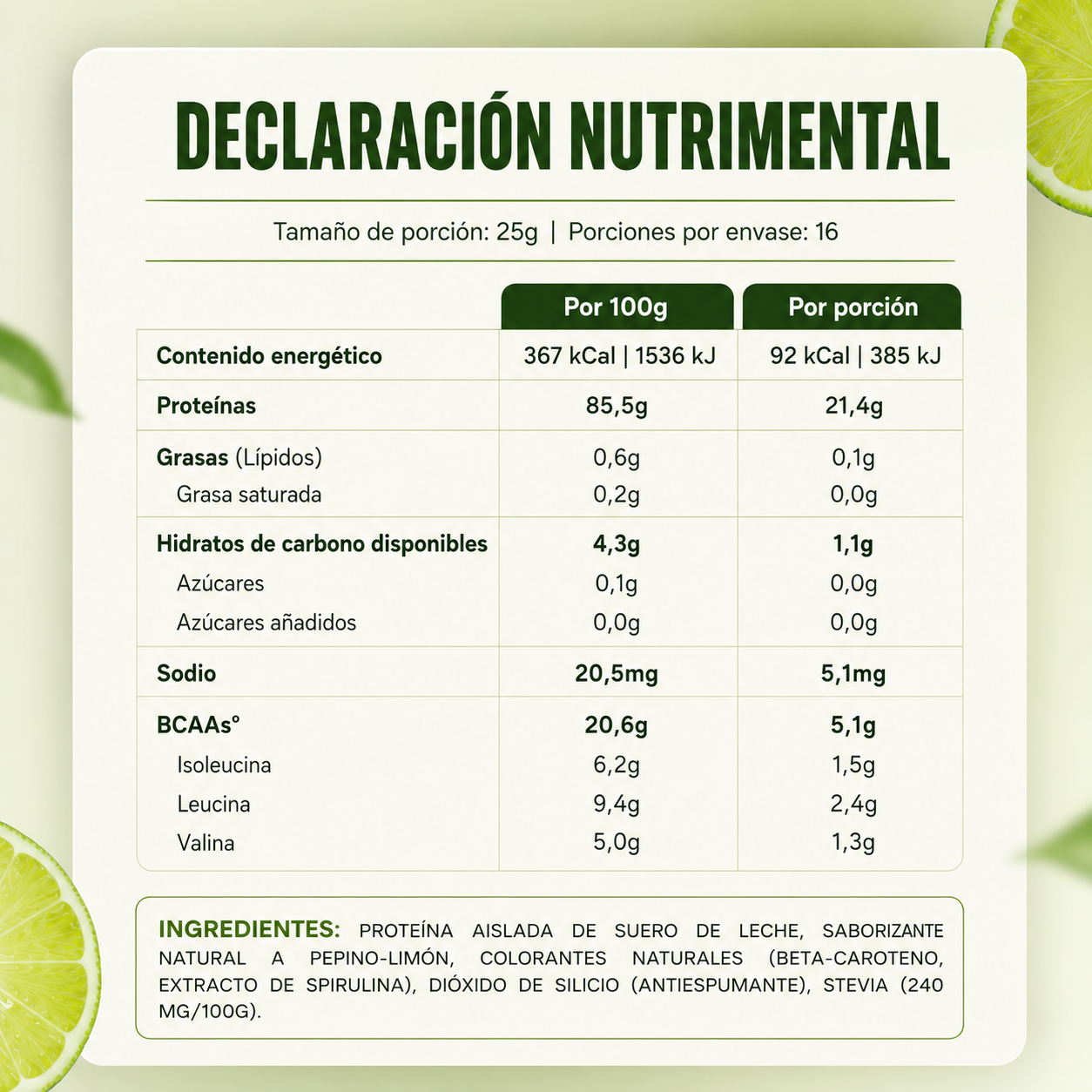Etiqueta e información nutrimental — Wala Pepino Limón